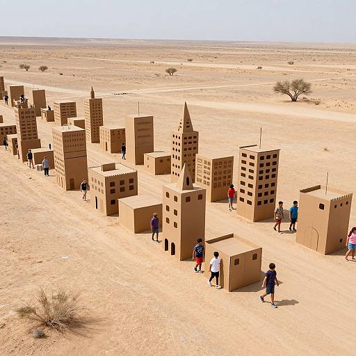 Photograph of a sandy desert landscape with children building and walking around cardboard buildings, including towers and rectangular structures. Sparse vegetation and distant horizon under a clear