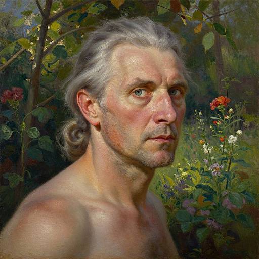 Digital painting of a shirtless, middle-aged man with white hair and blue eyes, set against a lush, colorful garden background.
