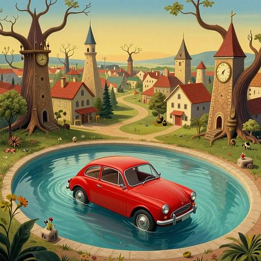 Whimsical digital illustration of a red vintage car floating in a circular pond, surrounded by quirky stone towers, clock towers, and a quaint village with