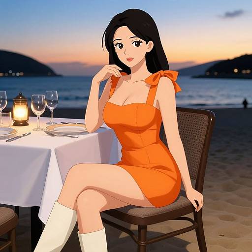 Digital anime-style drawing of a beautiful woman in an orange dress, white socks, sitting at a beachside table at sunset.