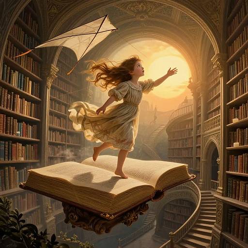 Digital artwork of a young girl with flowing brown hair, in a white dress, leaping from an open book floating in a grand, sunlit library