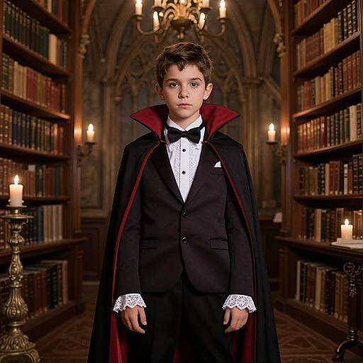 Photograph of a young boy in a black vampire costume with red lining, white lace cuffs, black bow tie, standing in a dimly lit,