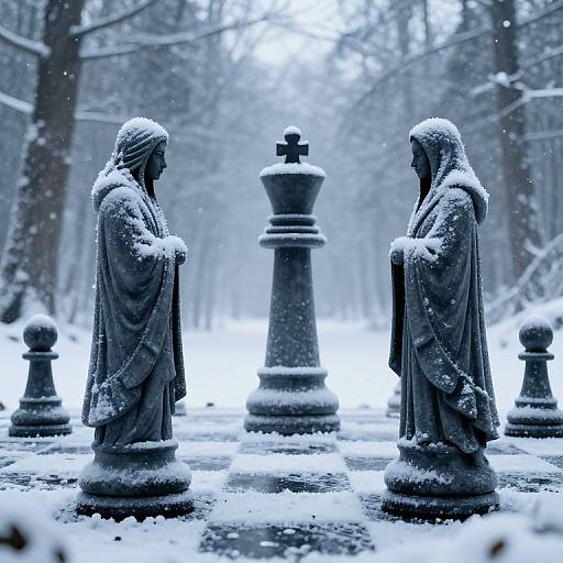 Photograph of two snow-covered chess pieces resembling robed figures facing each other, with a large king piece in the center, in a snowy forest.