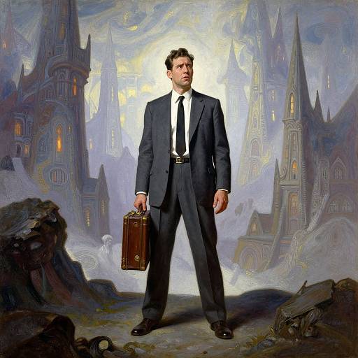 Photorealistic digital artwork of a serious man in a black suit, white shirt, and tie, holding a brown briefcase, standing in a fantast