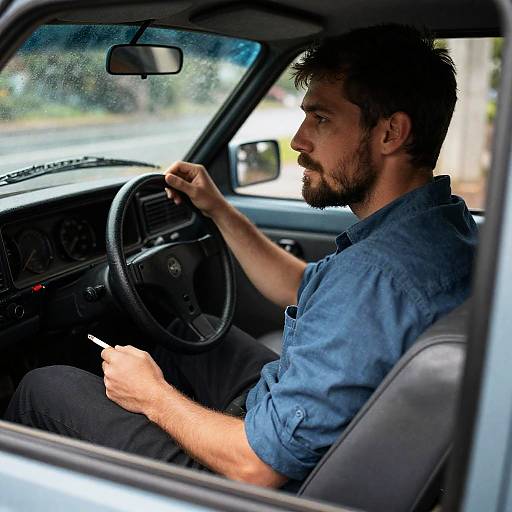 Man in Car with Vintage Dashboard