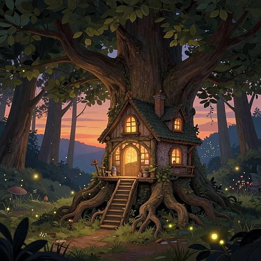 Whimsical, illuminated fairy house nestled in a giant tree's roots, surrounded by glowing fireflies, mushrooms, and a vibrant sunset sky. Digital