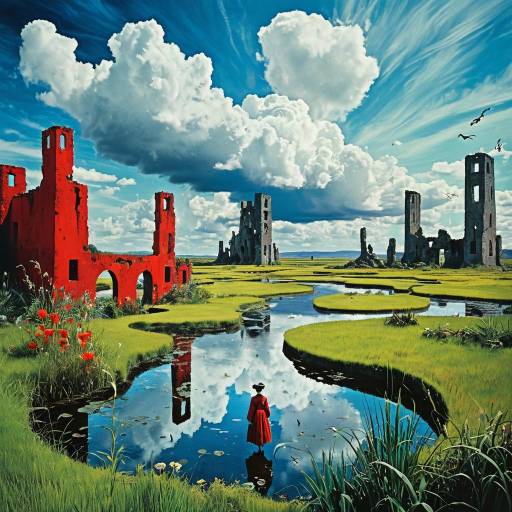 Surreal Wetland with Abstract Ruins and Ethereal Figure