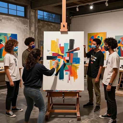 Photograph of five diverse artists in masks, wearing casual clothes, gathered around a vibrant, abstract painting on an easel in an industrial studio.