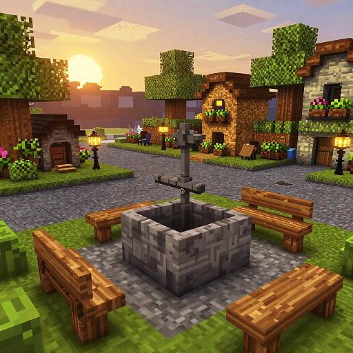 Pixel art sunset village square with stone fountain, wooden benches, cobblestone path, green trees, brick buildings, and blooming flowers.