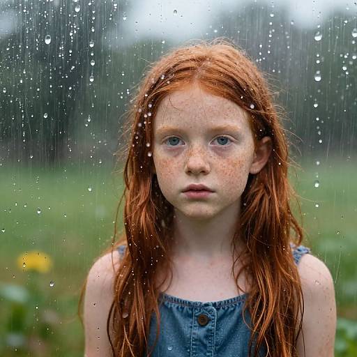 Photograph of a freckled, red-haired girl with wet, long hair, wearing a blue denim dress, standing in the rain, gazing