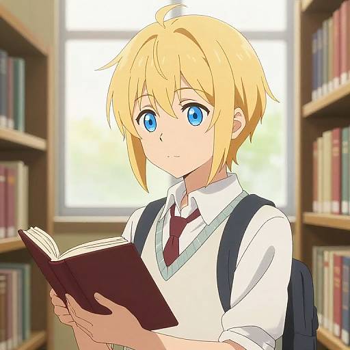 Anime-style digital drawing of a blonde, blue-eyed boy with a backpack, wearing a white shirt and red tie, reading a book in a sunlit
