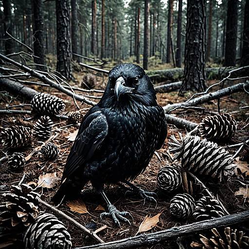 Black Crow in Pine Forest with Pine Cones
