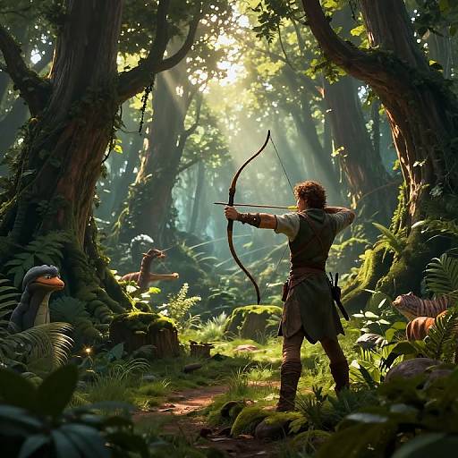 Digital fantasy artwork of an archer standing in a sunlit, lush forest, aiming bow at a frog-like creature amidst tall trees and dense foliage.