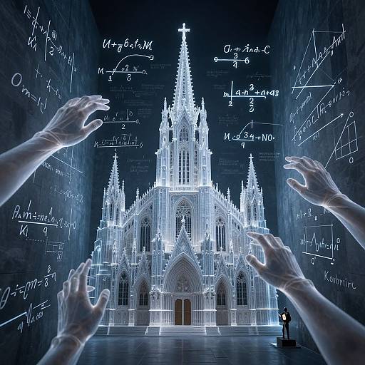 Photograph of a glowing blue Gothic cathedral surrounded by white mathematical equations on dark walls, framed by four translucent hands.