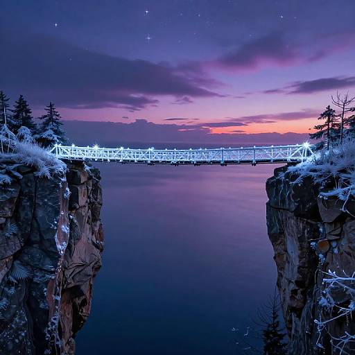 Photograph of a snow-covered cliff bridge illuminated at night, with a purple and pink twilight sky and starry background.