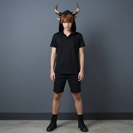 Photograph of a young man in a black hooded sweatshirt, black shorts, and black boots, wearing a horned cap, standing against a