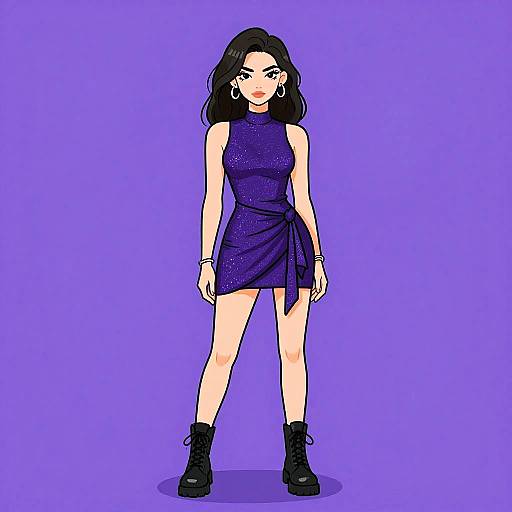 Digital illustration of a confident woman with black hair, wearing a sparkling purple sleeveless dress, black boots, and earrings, standing against a solid purple background