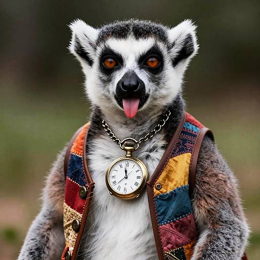 Playful Ring-Tailed Lemur with Pocket Watch
