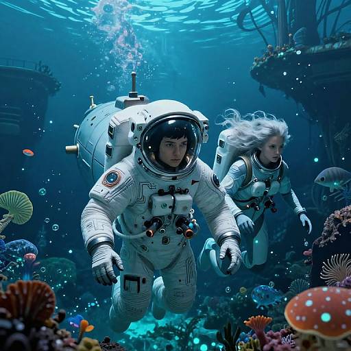 Photograph-style CGI: Two young women in white space suits with helmets, swimming underwater among colorful coral, fish, and mushrooms. Blue-tinted