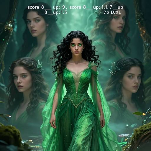 Digital artwork of a green-haired woman in a glowing green, strapless dress, surrounded by ethereal forest background with her floating faces. Score and time