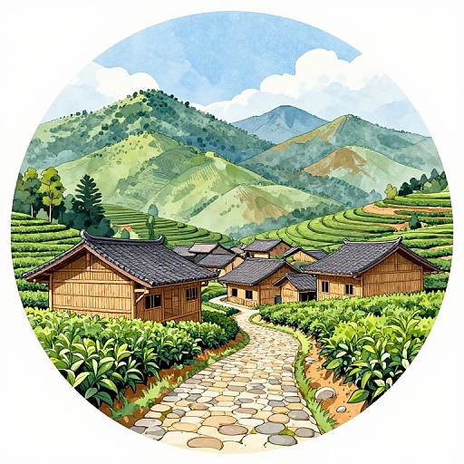 Colorful digital illustration of traditional wooden houses on a stone path, surrounded by lush green terraced fields and rolling hills under a blue sky with fluffy clouds
