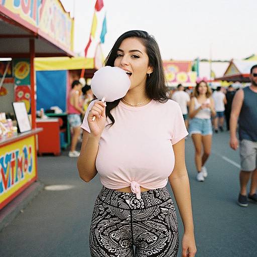 Photograph of a young woman with long black hair, large breasts, wearing a white tied-shirt and black patterned pants, eating a white cotton candy