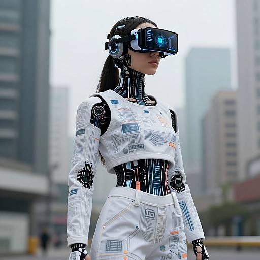 Photograph of a futuristic, female robot with white, patterned clothing and black circuitry, wearing a VR headset, in a cityscape background.