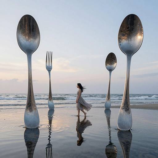 Photograph of a woman in a flowing dress walking on a wet beach with towering, reflective silver utensils (fork, spoons) in the background