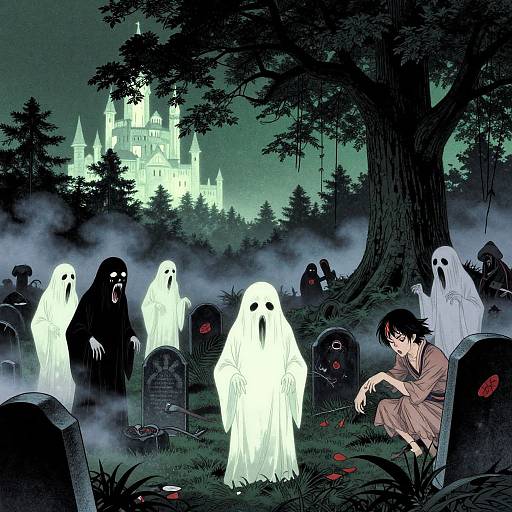 Digital illustration of a night graveyard with glowing white ghost figures, a scared Asian woman in a brown dress, and a glowing castle in the foggy background