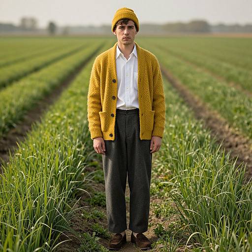 Photograph of a young man standing in a green field, wearing a yellow knitted beanie, yellow cardigan, white shirt, gray pants,