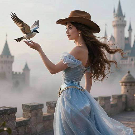Digital painting of a fairytale princess in a blue off-shoulder dress and brown hat, feeding a white dove on a castle balcony with mist