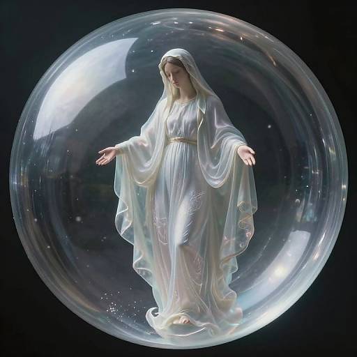 Photograph of a translucent, white-robed statue of a serene angel inside a large, glowing glass bubble against a dark background.