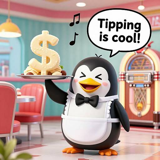 Cartoon Penguin Waiter with Ice Cream Dollar Sign