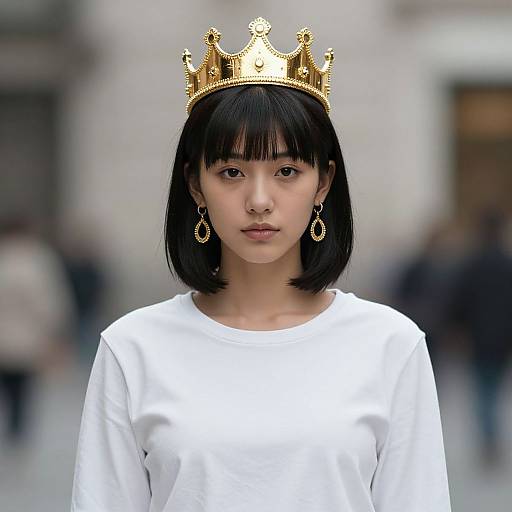 Photograph of an East Asian woman with straight black bob haircut, wearing a gold crown, white shirt, and gold earrings, standing in a blurred urban