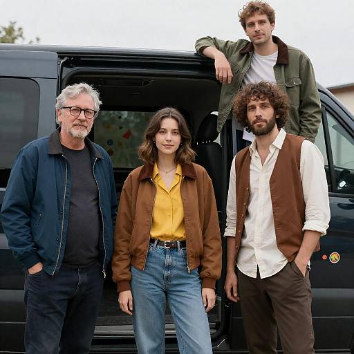 Four People Beside Stickered Black Van