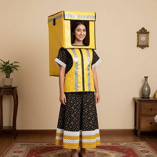 Photograph of a smiling woman in a black dress with white and yellow patterns, wearing a yellow reflective vest and a yellow safety helmet. She stands in