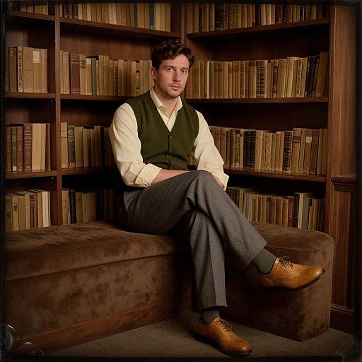 Photograph of a young man with curly brown hair, fair skin, and blue eyes, sitting on a brown velvet bench in a library, wearing a