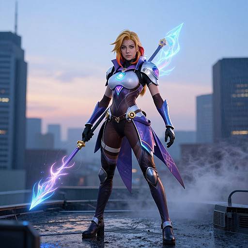 Digital artwork of a fierce, blonde, armored warrior with glowing blue sword, standing on a rooftop at sunset, surrounded by mist. Urban cityscape background
