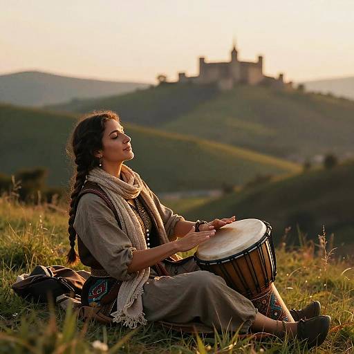 Photograph of a woman with dark hair in braids, wearing a beige scarf and brown dress, playing a drum on a grassy hill at sunset