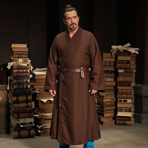 Photograph of a bearded man with dark hair in a topknot, wearing a brown kimono-style robe, standing in front of stacks of