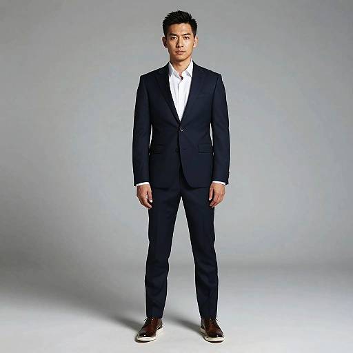 Photograph of an Asian man in a black suit, white shirt, and brown shoes standing against a plain gray background.