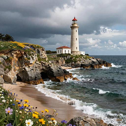 Photograph of a tall, white lighthouse with red roof on rocky cliff, surrounded by wildflowers, waves crashing on sandy beach, dark stormy