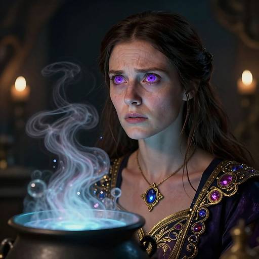 Photograph-style CGI of a pale, worried young woman with glowing purple eyes, long brown hair, wearing an ornate black and gold robe, holding