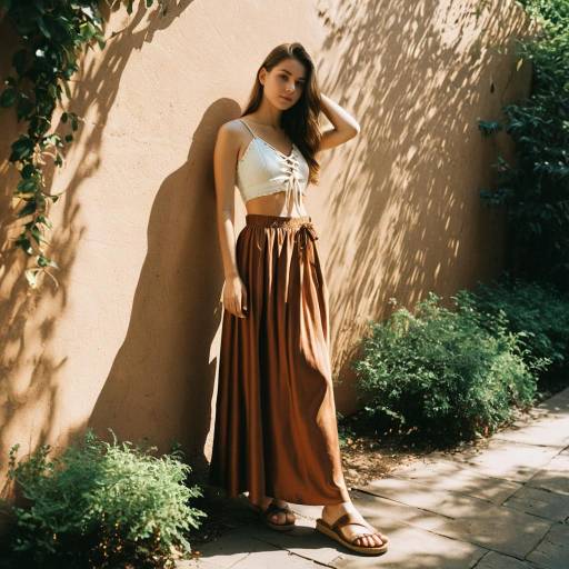 Young Woman in Silky Two-Piece Outfit Outdoors