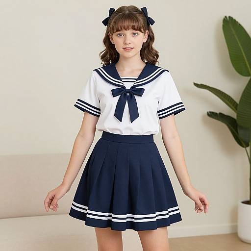 Photograph of a young woman with brown hair in a blue bow, wearing a Japanese schoolgirl uniform with a navy skirt, white top, and navy