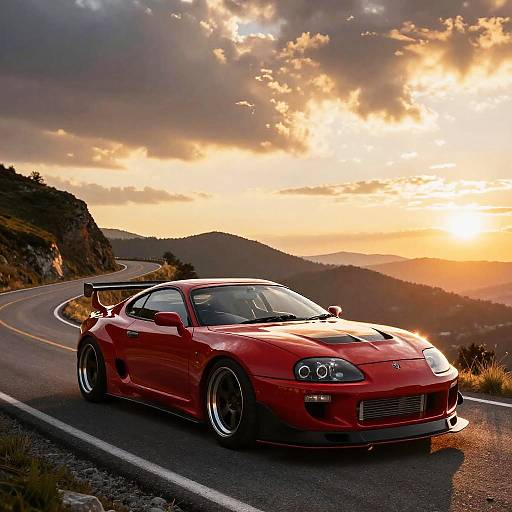 Photograph of a sleek, red sports car with a large rear spoiler on a winding mountain road at sunset, with golden clouds and distant hills in the