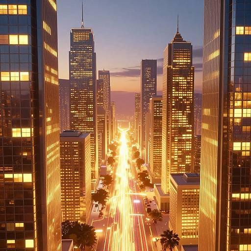 Photograph of a cityscape at sunset, featuring towering illuminated skyscrapers with bright yellow windows, a sunlit street below, and a purple-orange