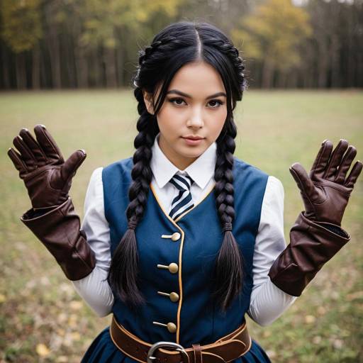 Young woman in cosplay costume with braids and gloves outdoors