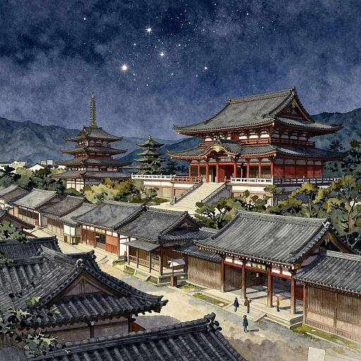 Watercolor-style digital painting of a traditional Japanese temple complex at night, with starry sky, ornate red and wooden buildings, tiled roofs, and
