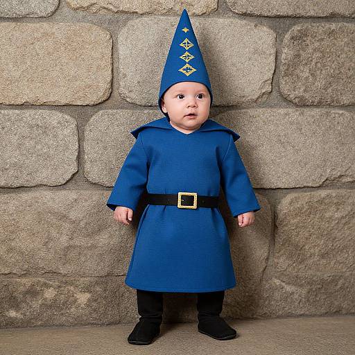 Photograph of a plastic gnomes doll with blue hat and robe, black belt and boots, standing against a stone wall.